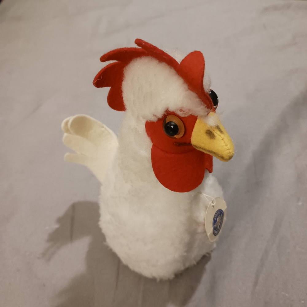 Vintage 1970's STEIFF White and Red Plush Chicken